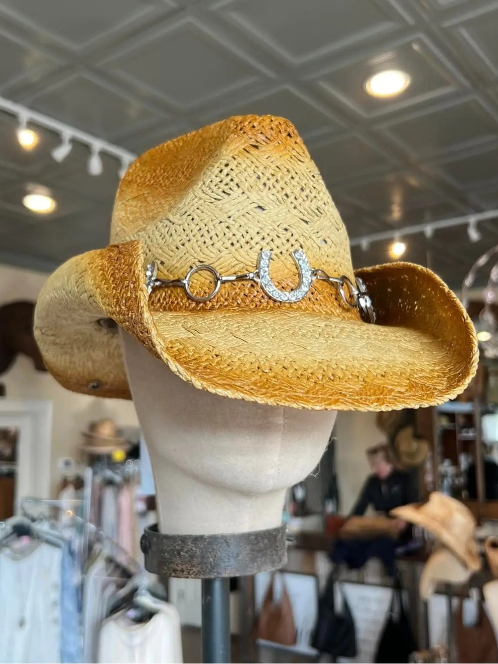 Peter Grimm Straw Cowboy Hat Rhinestone Horseshoe Band Western Straw Hat #050